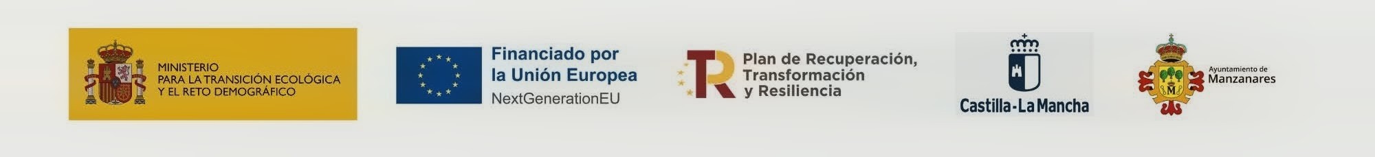 Logotipos institucionales logotipo ministerio para la transición ecológica y el reto demográfico, logotipo Next Generacion EU, Logotipo Plan de recuperación, transformación y resilencia, Logotipo Castilla-La Mancha, logotipo Ayuntamiento Manzanares.