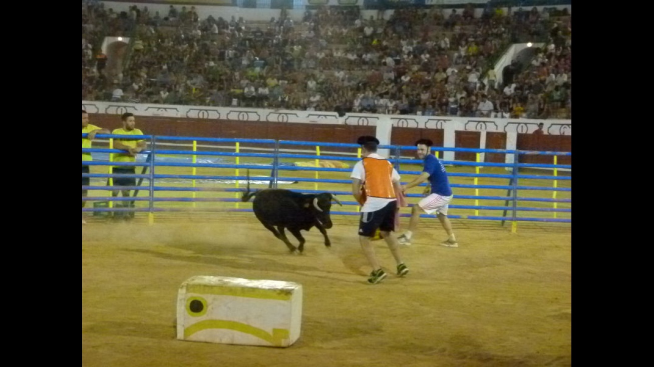 Equipo Pagafantas, de azul, en una de las pruebas con vaquilla